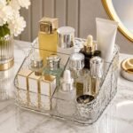 4-Compartment Acrylic Makeup & Skincare Organizer with beauty products on a vanity table
