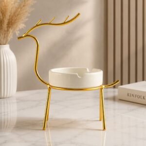 DEER Metallic Ashtray with gold metal deer stand and white ceramic bowl by RealFound