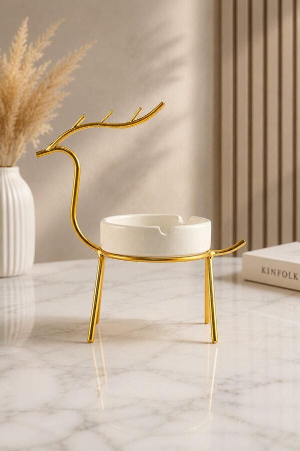 DEER Metallic Ashtray with gold metal deer stand and white ceramic bowl by RealFound