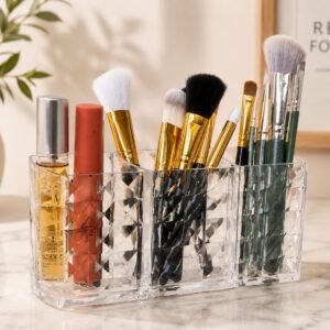 Diamond Cosmetic Brush Holder Organizer made from clear acrylic for storing makeup brushes and beauty essentials.