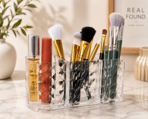 Diamond Cosmetic Brush Holder Organizer made from clear acrylic for storing makeup brushes and beauty essentials.