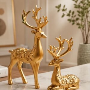 Luxury Golden Deer Figurine Set with floral design for modern home decoration