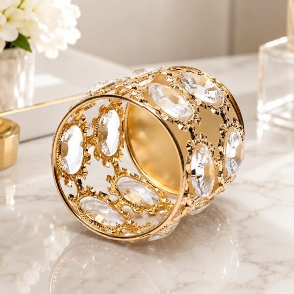 Side view of the Crystal Golden Brush Holder with decorative crystal accents for organizing makeup brushes and beauty accessories.