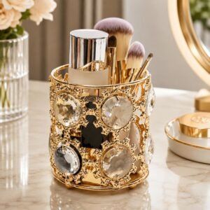 Luxury Crystal Golden Brush Holder for organizing makeup brushes on a vanity table.
