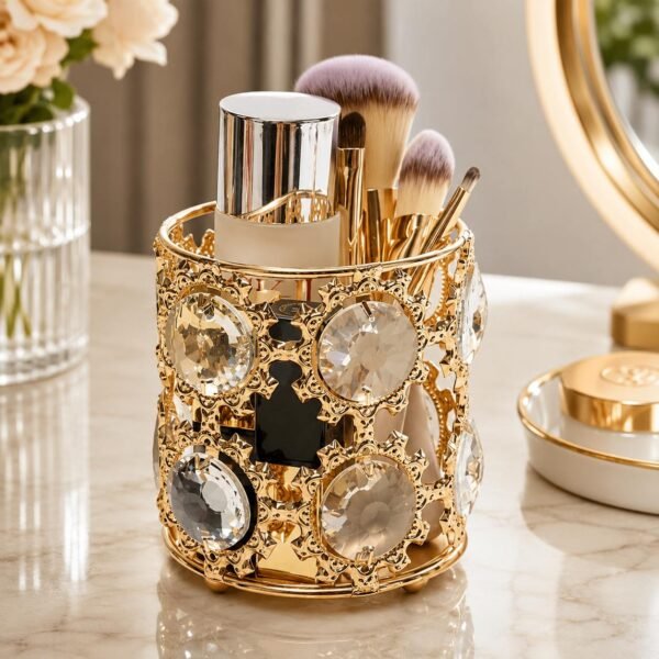 Luxury Crystal Golden Brush Holder for organizing makeup brushes on a vanity table.