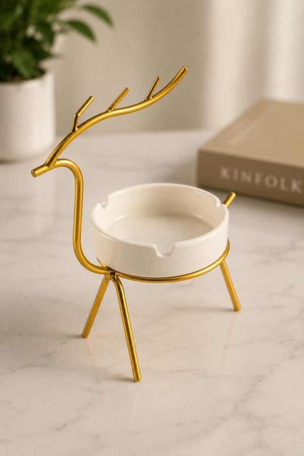 DEER Metallic Ashtray with gold metal deer stand and white ceramic bowl by RealFound