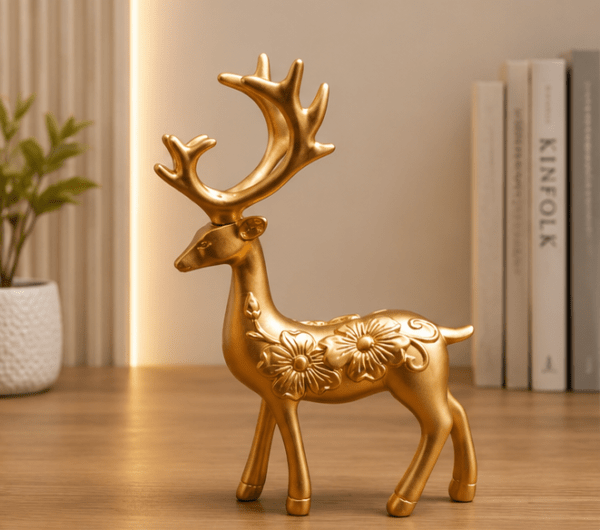 Golden standing deer resin statue with floral engraving for shelf decoration