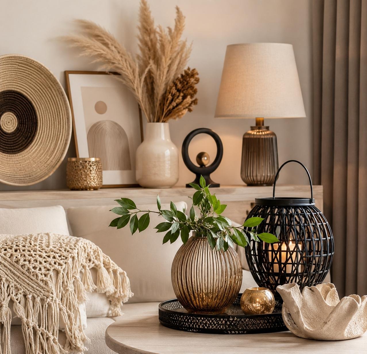 Modern home decor accessories with decorative vases and lanterns