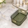 Clear and smoke acrylic storage organizers for bathroom, kitchen, and home organization