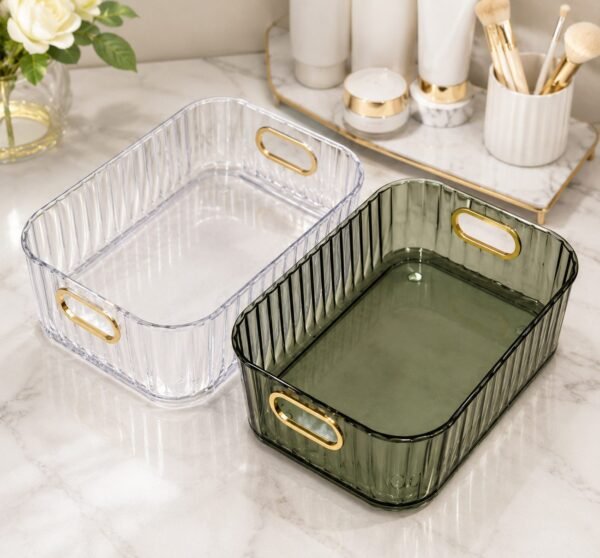 Clear and smoke acrylic storage organizers for bathroom, kitchen, and home organization