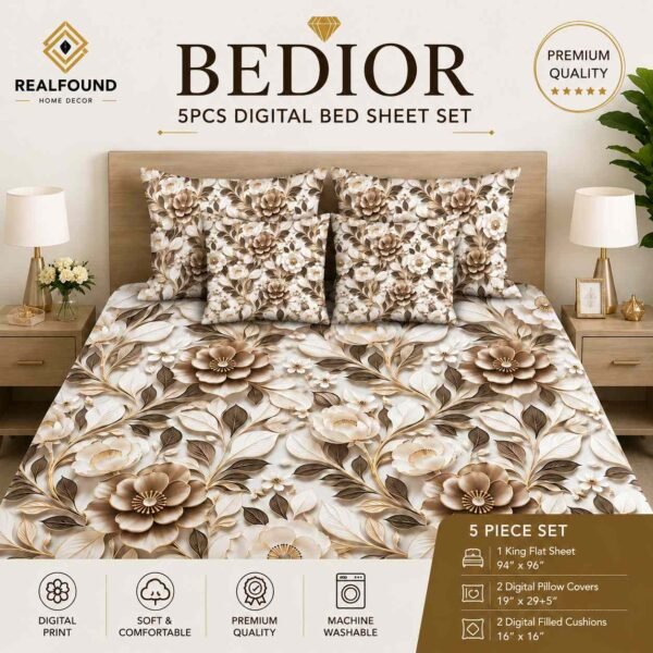 5 Piece Digital Bed Sheet Set King Size Floral Design