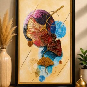 Abstract ginkgo leaf wall art in black and gold frame by RealFound