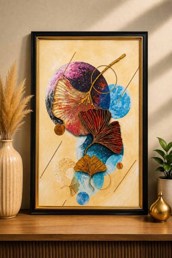 Abstract ginkgo leaf wall art in black and gold frame by RealFound