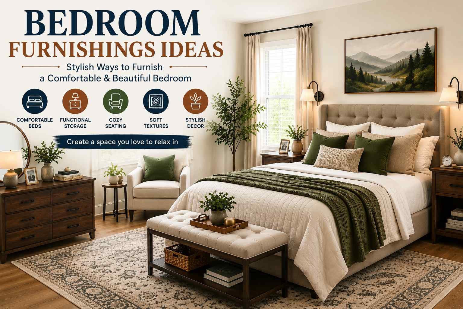 Stylish bedroom furnishings ideas with bed, nightstands, rug and modern decor