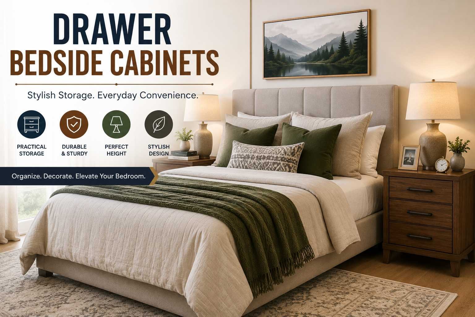 Drawer bedside cabinets beside a stylish bedroom bed