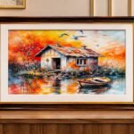 Framed cottage landscape wall art with sunset and boat by RealFound
