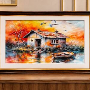 Framed cottage landscape wall art with sunset and boat by RealFound