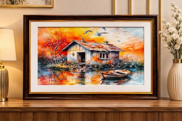 Framed cottage landscape wall art with sunset and boat by RealFound