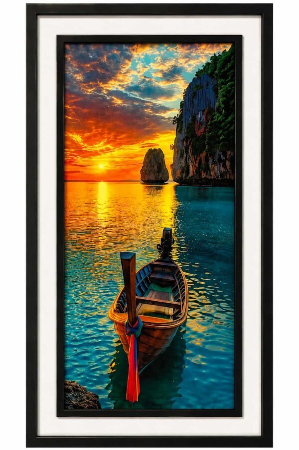 Framed sunset boat landscape wall art by RealFound