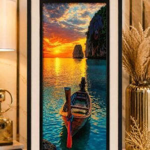 Framed sunset boat landscape wall art by RealFound