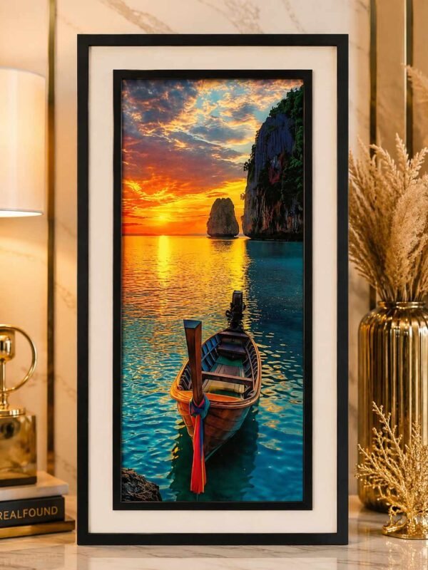 Framed sunset boat landscape wall art by RealFound