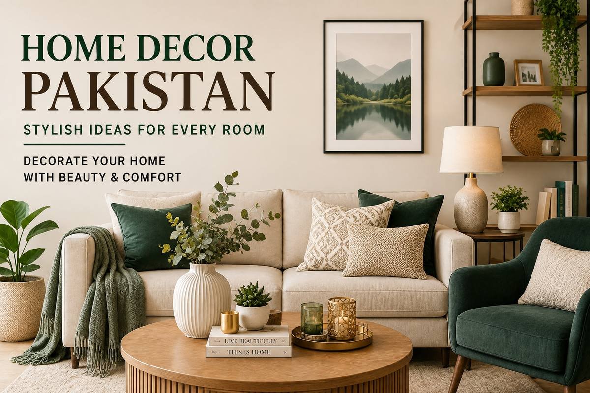 Modern home decor in Pakistan with stylish wall art, vase, plants, and decorative accessories