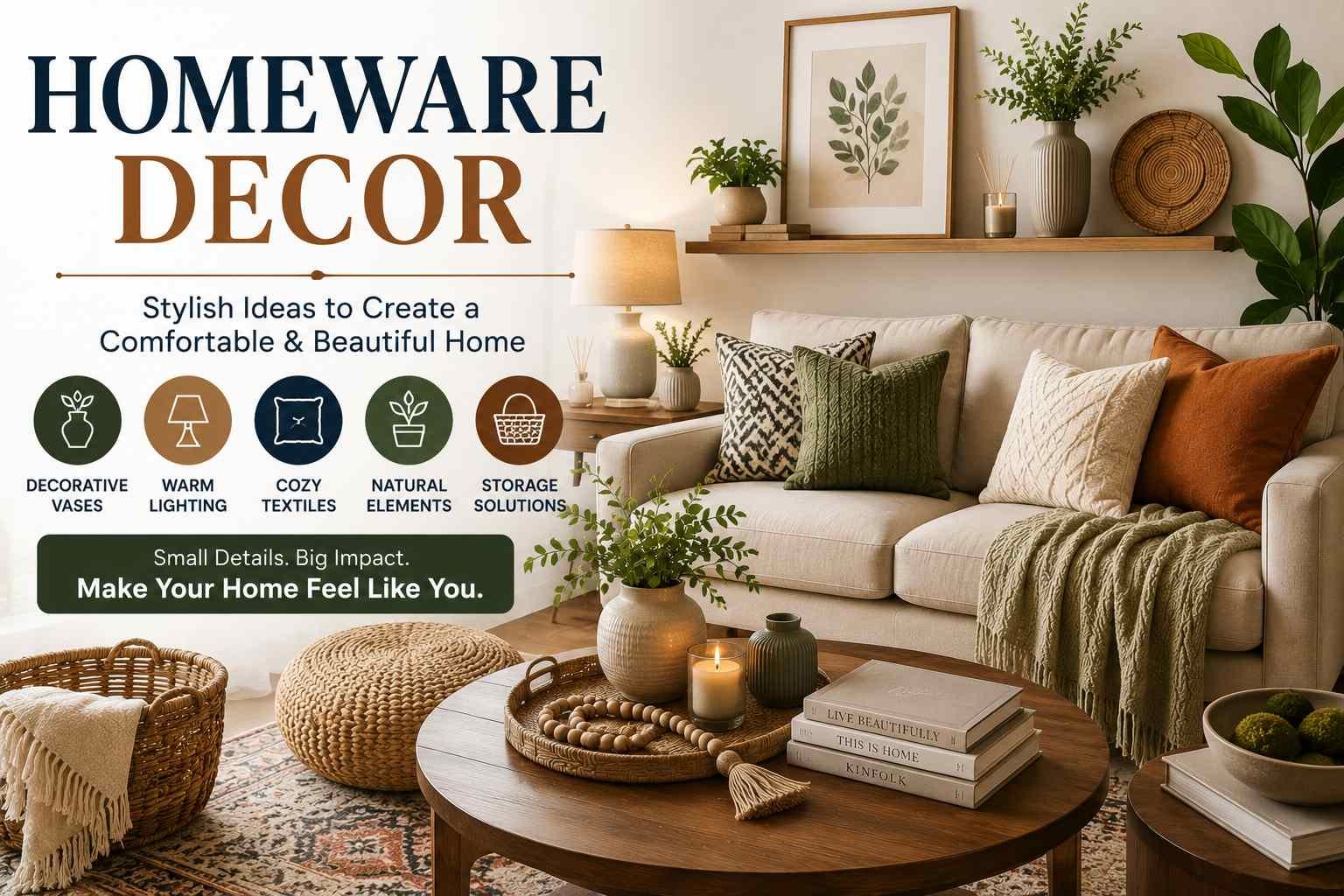Stylish homeware decor with rugs, cushions, plants, vases and modern accessories