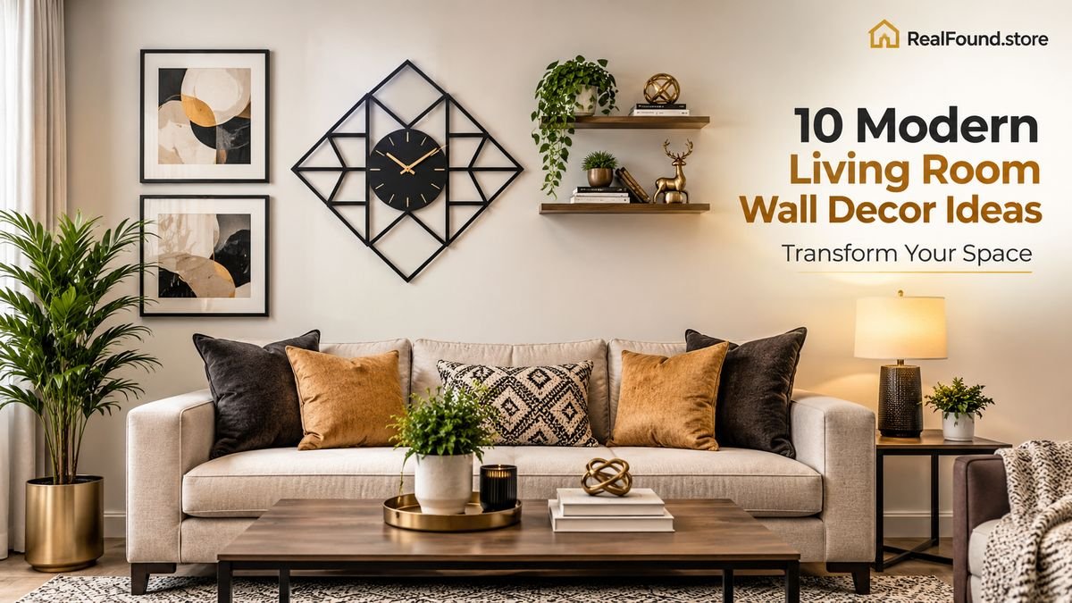 Modern living room wall decor with geometric wall clock and stylish artwork