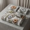 3D printed floral double bedsheet in grey and bronze carved tile pattern with two matching pillow covers on a luxury bed