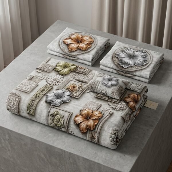 3D printed floral double bedsheet in grey and bronze carved tile pattern with two matching pillow covers on a luxury bed