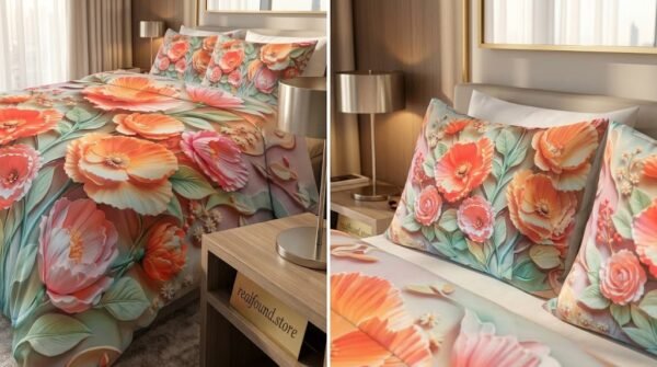 3D embossed floral bedsheet set with coral and pink poppies on king size bed in luxury Dubai bedroom realfound.store