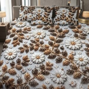 5pcs 3d embossed white daisy bedsheet set with golden bronze leaves on king size bed realfound store dubai