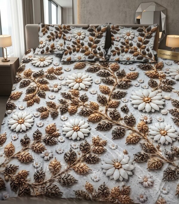 5pcs 3d embossed white daisy bedsheet set with golden bronze leaves on king size bed realfound store dubai
