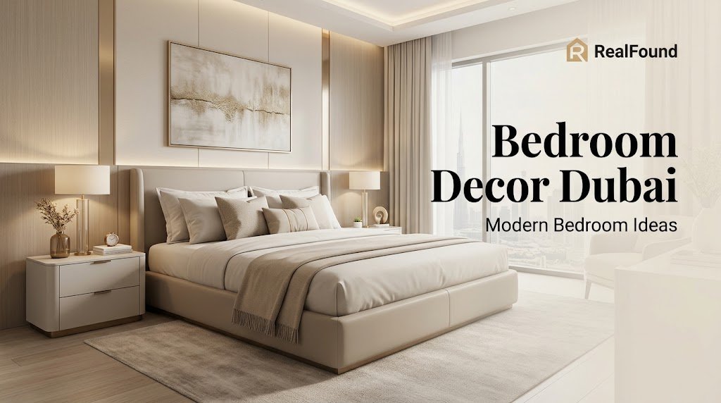 Modern bedroom decor in Dubai featuring elegant bedding, wall art, and stylish accessories