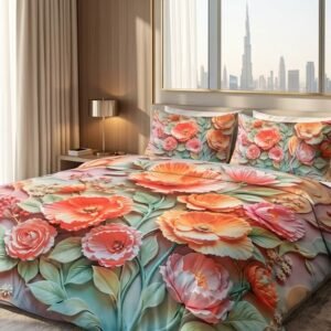 3D embossed floral bedsheet set with coral and pink poppies on king size bed in luxury Dubai bedroom realfound.store