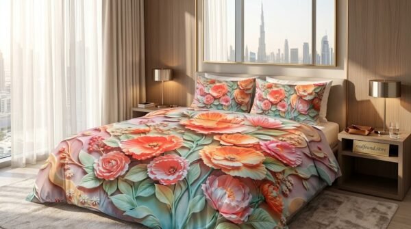3D embossed floral bedsheet set with coral and pink poppies on king size bed in luxury Dubai bedroom realfound.store