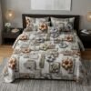 3D printed floral double bedsheet in grey and bronze carved tile pattern with two matching pillow covers on a luxury bed
