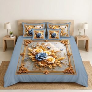 A symmetrical photograph focusing on a king bed featuring the REALFOUND D10266 bedding set. The unique light blue comforter features an intricate, ornate baroque gold frame motif enclosing a stunning central print of blue and yellow roses, butterflies, and golden wheat. Matching pillows and cushions are arranged against a wooden headboard, flanked by lit bedside lamps and furniture in a neutral bedroom.