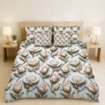 REALFOUND 5 piece white and gold 3D rose digital printed king bedsheet set displayed on a bed with matching pillow covers and filled cushions.