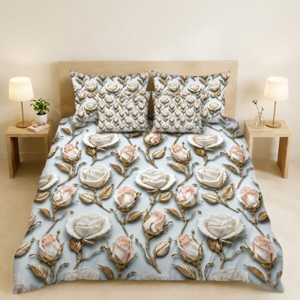 REALFOUND 5 piece white and gold 3D rose digital printed king bedsheet set displayed on a bed with matching pillow covers and filled cushions.