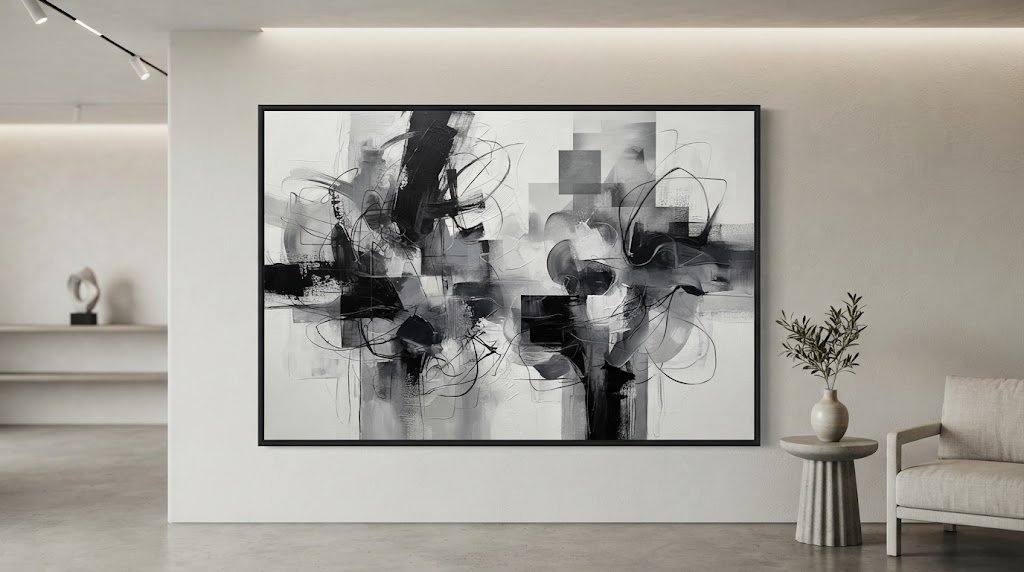 Black and white wall art featuring a modern abstract painting