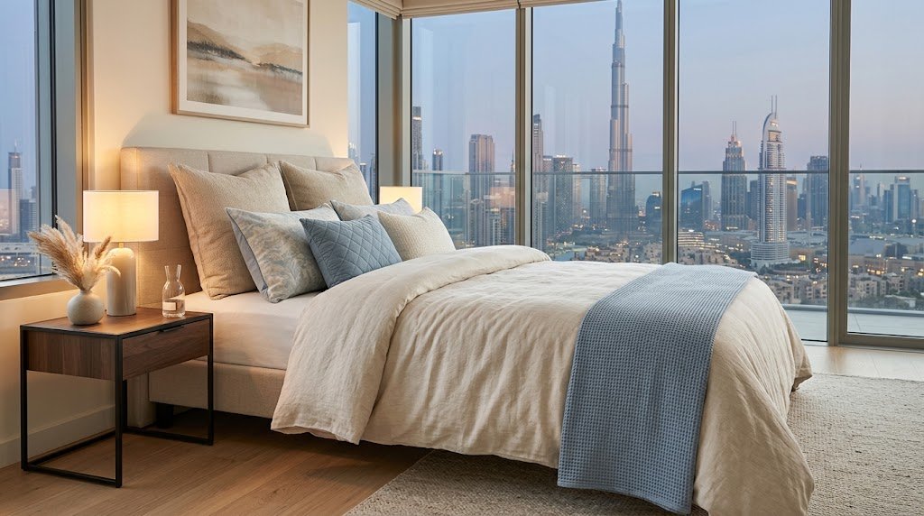Modern bedroom with a blue and cream duvet cover, decorative pillows, and Dubai skyline views