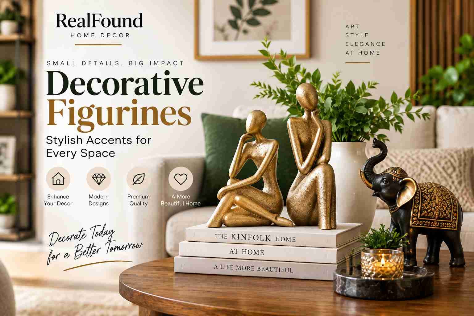 Gold decorative figurines styled on a coffee table in a modern living room