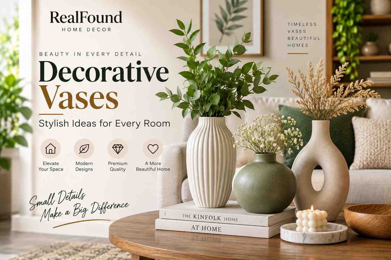 Decorative vases styled on a coffee table in a modern living room