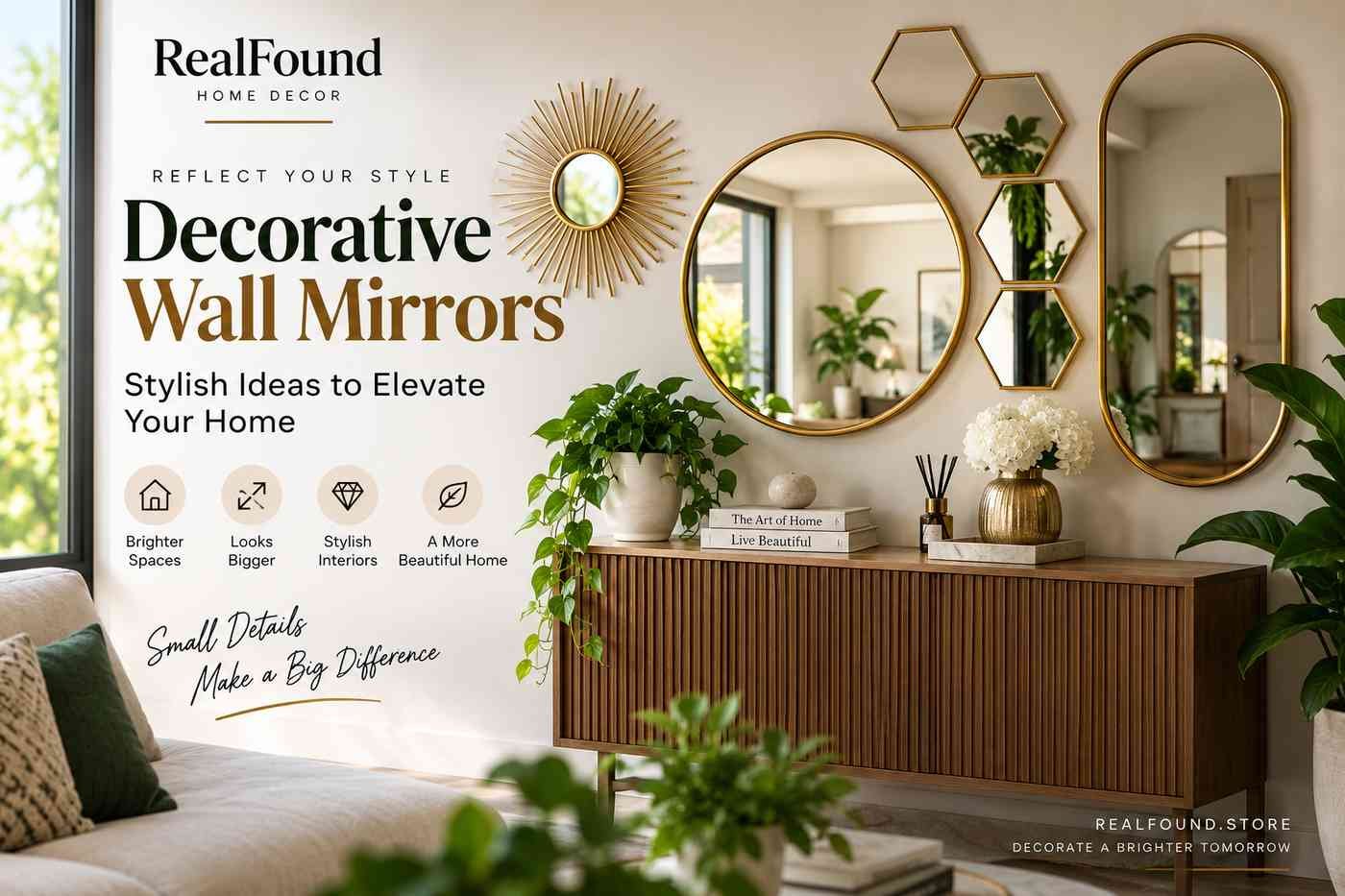 Decorative wall mirrors in a modern living room with plants and home decor