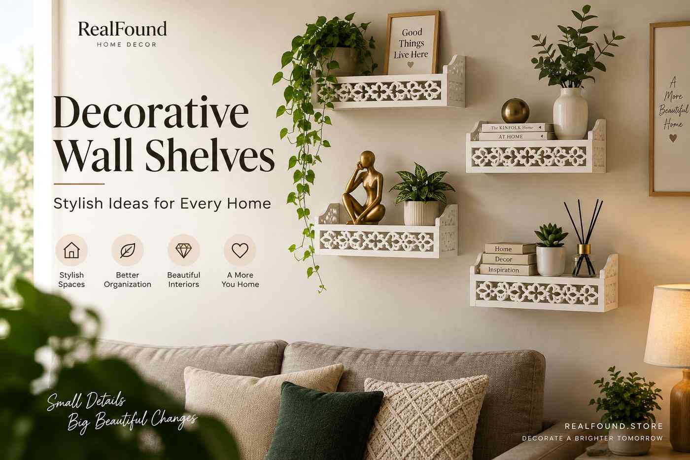 Decorative wall shelves styled with plants, books, and home decor in a modern living room