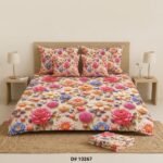 Four-panel product collage showing the complete REALFOUND 5-piece digital bed sheet set. The panels feature a hand touching the texture, a full bed setup, a floor layout, and individual cushion/folded sheet details, all with the D10267 floral pattern.