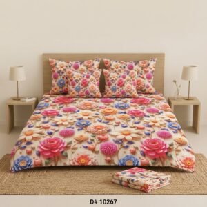 Four-panel product collage showing the complete REALFOUND 5-piece digital bed sheet set. The panels feature a hand touching the texture, a full bed setup, a floor layout, and individual cushion/folded sheet details, all with the D10267 floral pattern.