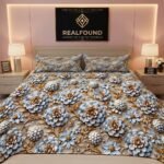 RealFound luxury 3D embossed floral bedsheet with pillow covers in a modern Dubai bedroom setup.