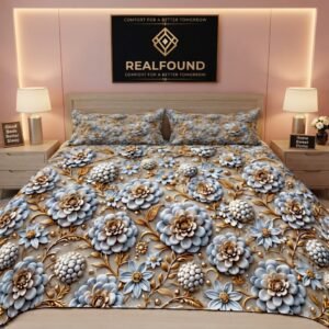 RealFound luxury 3D embossed floral bedsheet with pillow covers in a modern Dubai bedroom setup.